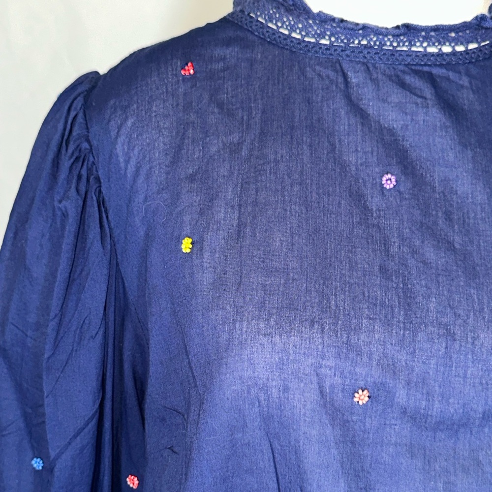 Farm Rio Embroidered Beaded Flowers Blouse With Puff Sleeves Women’s Size Lg - Picture 3 of 12